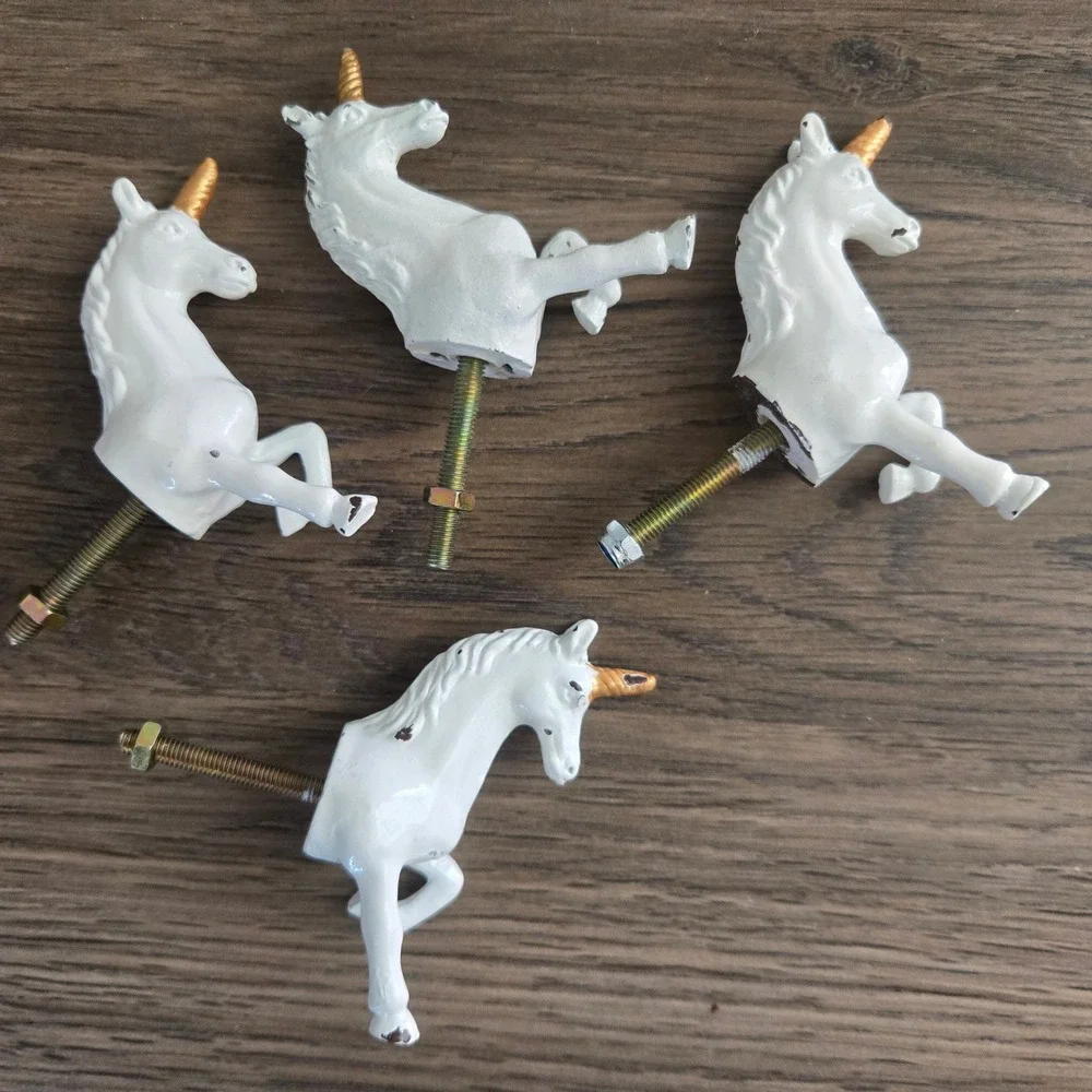 Unicorn and Rainbow Metal Drawer Pulls Knobs Set of 5 White Gold Nursery Decor - Picture 3 of 7